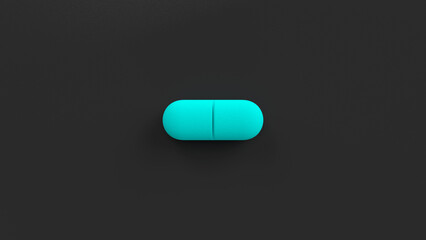 Turquoise single pill isolated on a black background. Tablet, pill capsule top view, flat lay. 3d render illustration 