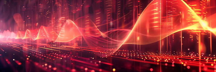 Fototapeta premium Abstract Futuristic Red and Orange Waveforms with Digital Data Visualization