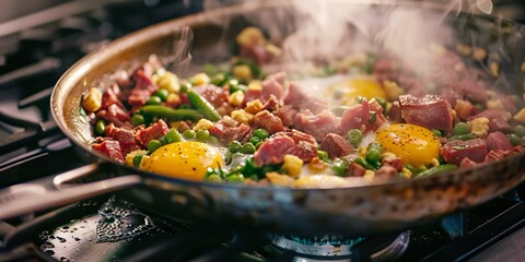 A stove-top pan filled with corned beef hash, eggs, and green beans cooking together.