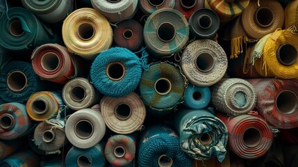 Fototapeta premium Photograph of textile rolls, fabric, stacked in an industrial environment. Rolls of dyed fabric in the factory.