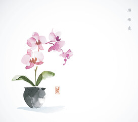 Minimalist Ink painting of  phalaenopsis orchid on white background. Traditional Japanese ink wash painting sumi-e. Hieroglyphs - joy, well-being, love, orchid