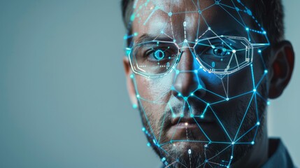 Close-up of a man with glasses, facial recognition mapping overlay. Represents biometric technology and digital identification.
