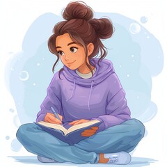 Cartoon. A woman writes her thoughts in a diary. High quality illustration. Generated by AI