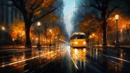 bus on road in night city, modern metropolis, street lights, rain