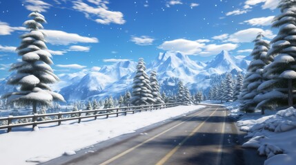 a road in front of mountains, beautiful winter landscape, blue sky and sunlight