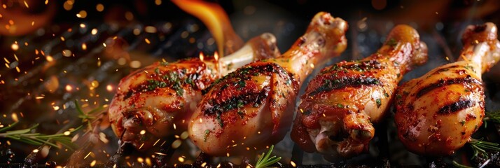 Grilled seasoned juicy chicken drumsticks over flame on a barbecue, top view