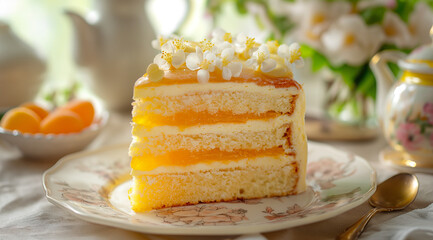Orange cake with cream and fruits too with flowers 