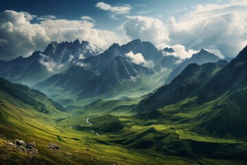 Obraz premium a beautiful landscape with mountains, sunlight , dramatic sky with clouds, beautiful nature for background