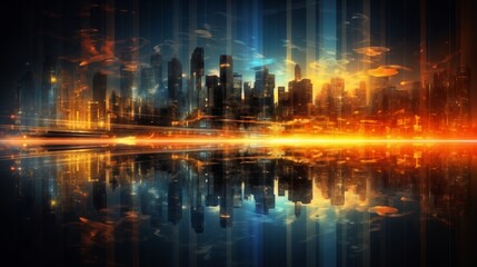 Fototapeta premium panoramic view of the modern city as a background, skyscrapers in the distance, downtown, red and blue light effects at night