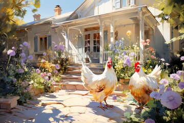 chickens on a ranch in a village, bright sunny day, rural, spring nature