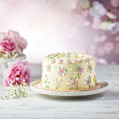 Naklejka premium Birthday cake on colorful background and party decoration
