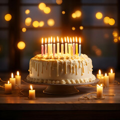 Birthday cake on colorful background and party decoration