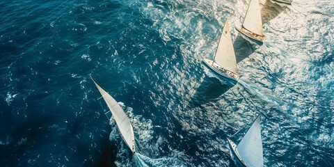An aerial view of the white sail yacht regatta on the high seas