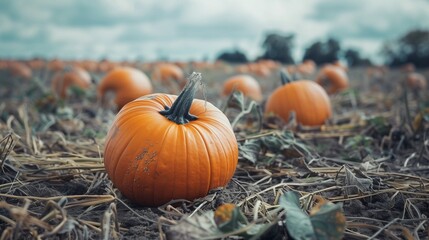 Fototapeta premium Pumpkins in a field ready to be harvested