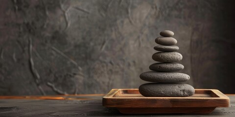 A stack of spa stones neatly arranged on a wooden tray against a dark background.