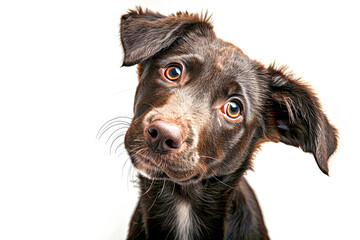Inquisitive Puppy with Tilted Head, A curious brown puppy with a tilted head and captivating eyes gazes at the camera against a white background.