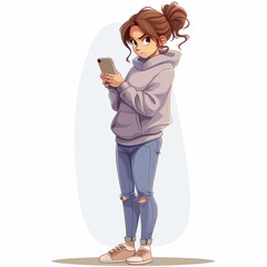 Cartoon. Annoyed girl with a phone in her hands. High quality photo. Generated by AI