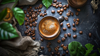 cup of coffee surrounded by scattered beans on the table, surrounded with leaves and green plants, top view,