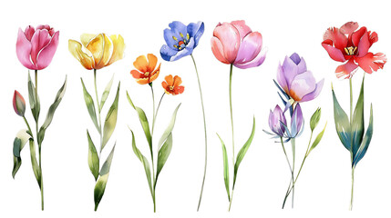Set of colorful watercolor flowers, leaves and twigs on transparent background. Botanical watercolor painting for decorative invitations, posters, or cards