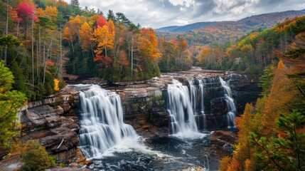 Waterfall surrounded by wooded mountains during late fall