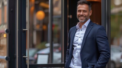 Corporate Confidence: Smiling Man in Dark Blue Suit at Building Entrance