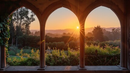 Fototapeta premium Franciscan-style archivolts, with serene lines and natural wood textures, form a tranquil, captivating sunset scene.