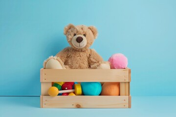 Toy box full of baby kid toys. Container with teddy bear, fluffy and educational wooden toys on light blue background. Cute toys collection for small children. Front view