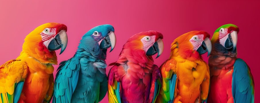 Five colorful parrots aligned in front of a pink background, showcasing their vivid plumage and striking poses.