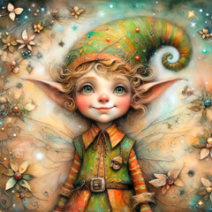 Mixed media painting of a caprices nome,elf