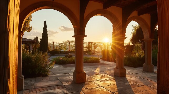 Franciscan-style arches, with serene lines and natural wood, glow in the sunset, creating timeless tranquility.