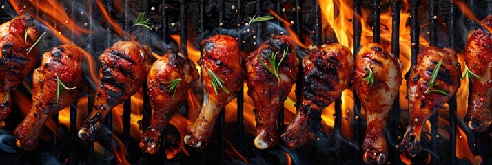 Grilled seasoned juicy chicken drumsticks over flame on a barbecue, top view
