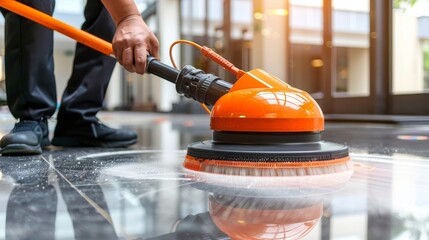 Fototapeta premium Worker dedicated to maintaining office cleanliness by polishing floor with high speed machine