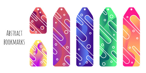 Bookmarks set with abstract brights gradients spots and geometric elements. Bookmarks prints templates for reading. Minimalistic and modern trendy colorful design. Isolated on white background.
