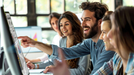 Eager young professionals collaborating in teamwork, gesturing at computer monitor