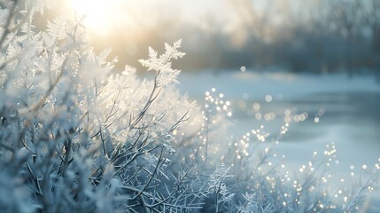 Enchanting Winter Frost: Delicate Snow-Covered Branches in Soft Light
