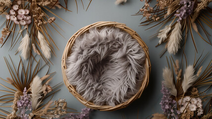 Digital background with fur baby crib and floral decorations, Boho style, composite overlay, round baby basket, dried flowers.