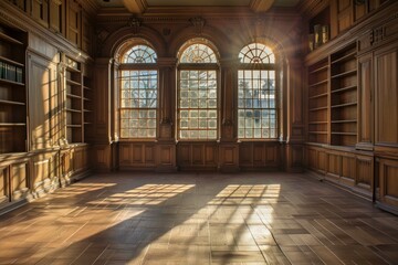 Golden hour sunlight filters through large windows, casting patterns on the wooden floor of an elegant, empty library