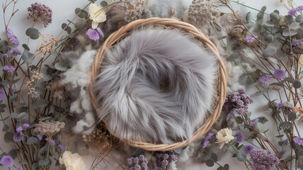 Digital background with fur baby crib and floral decorations, Boho style, composite overlay, round baby basket, dried flowers.