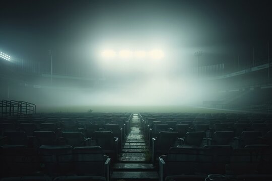 Moody image of an empty stadium enveloped in fog with stadium lights glowing in the background
