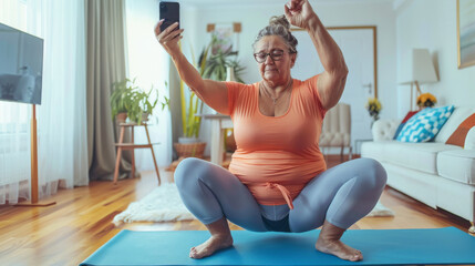 Elderly lady doing yoga on a mat while capturing the moment with her smartphone in a bright living room