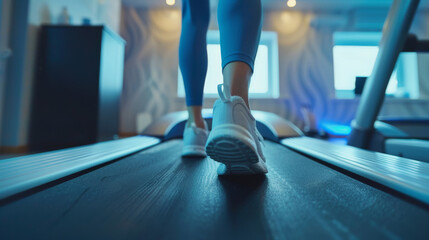 Woman's feet in sneakers walking on treadmill, emphasizing wellness and physical activity