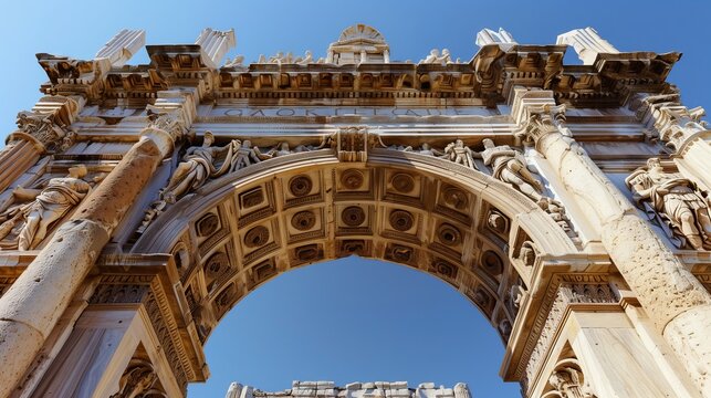 Roman imperial archivolts showcase grand stonework and intricate historical reliefs under clear blue skies.