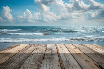 Scenic ocean landscape seen from the weathered planks of a wooden pier under a cloudy sky - Powered by Adobe