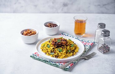 Fried onion lentil fried rice in a plate, moujadara