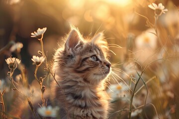 Tranquil kitten gazes into the distance surrounded by warm, sunsetilluminated wildflowers