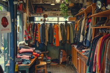 European secondhand. Store with clothes and books organized on shelves for customers