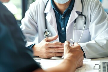 Closeup of doctor in white coat and patient discussing health, with medical documents