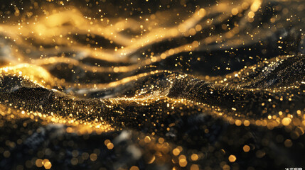 A sea of gold powder, splitting waves, belonging to the vintage style of black and gold low angle