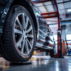 Fototapeta premium Professional Car Maintenance: Tire being Serviced on a Lift at Auto Repair Shop