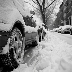 Winter Scenes: Car Tires Covered in Snow on Quiet Urban Street